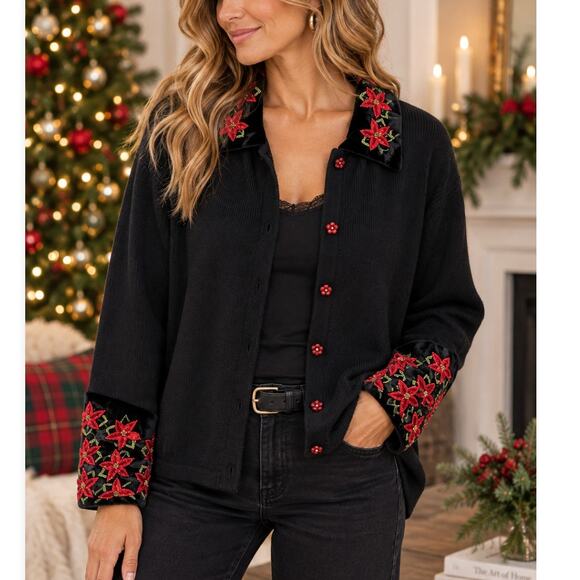 Tiara international Sweaters - Tiara International Christmas Cardigan XL Poinsettia Embroidered Velvet Y2K 2004